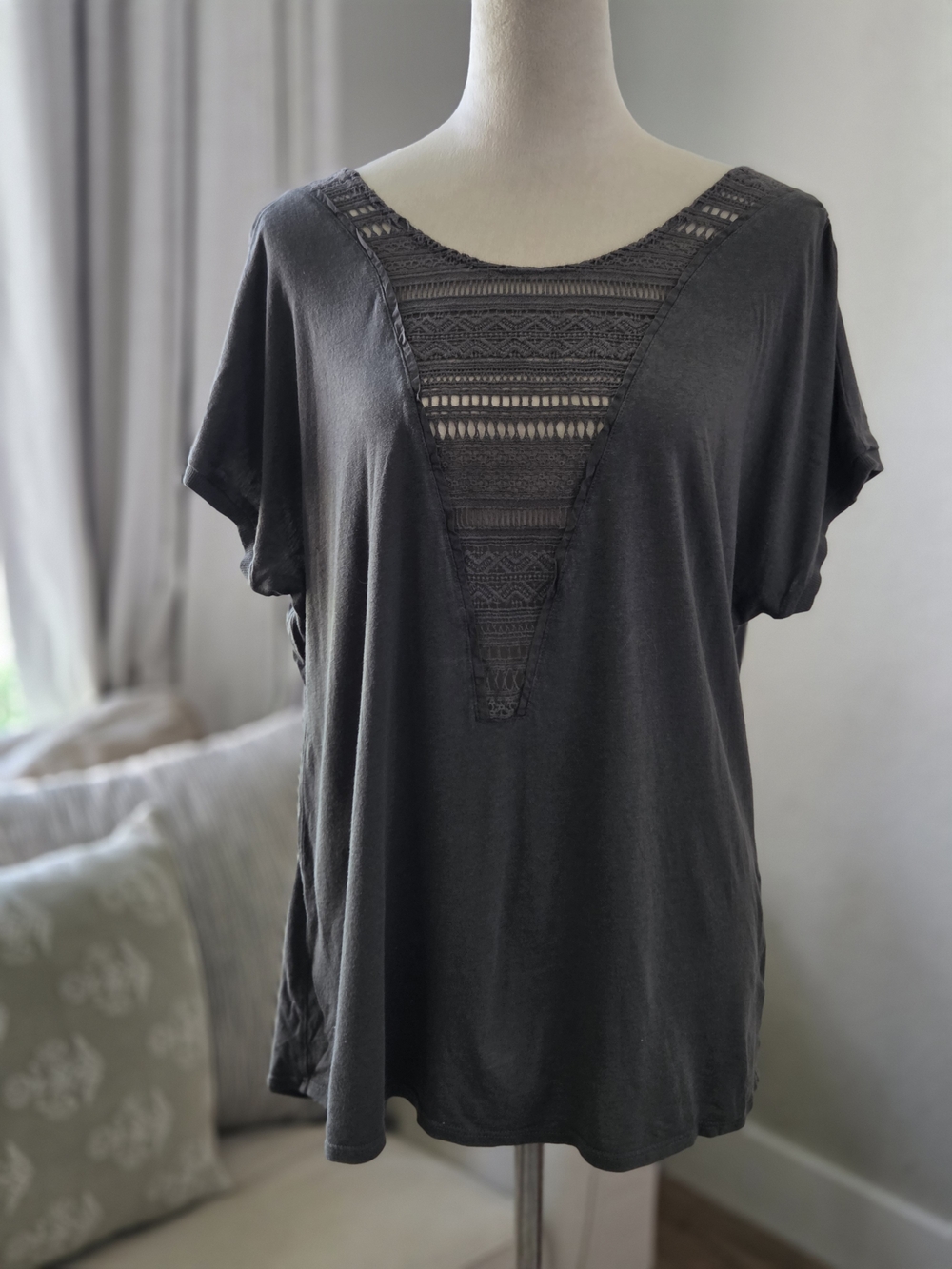 Anthropologie Charcoal Crochet V-Inset Short Sleeve Tee
